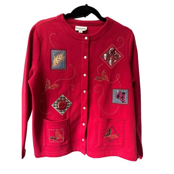 VTG Breckenridge women’s Petite M red fleece lined pearl snap appliqué cardigan - Picture 1 of 8